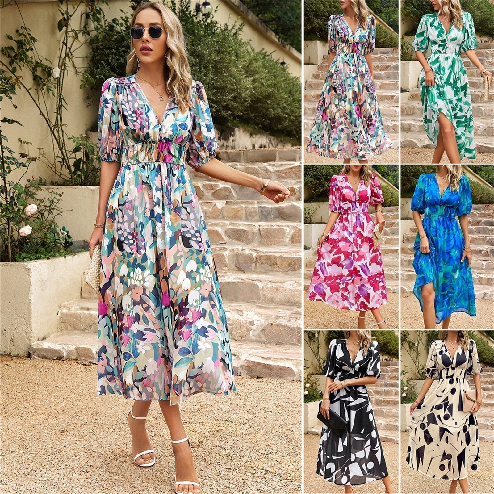 AlessiaFiori™ Elegante taille V-hals jurk met bloemenprint