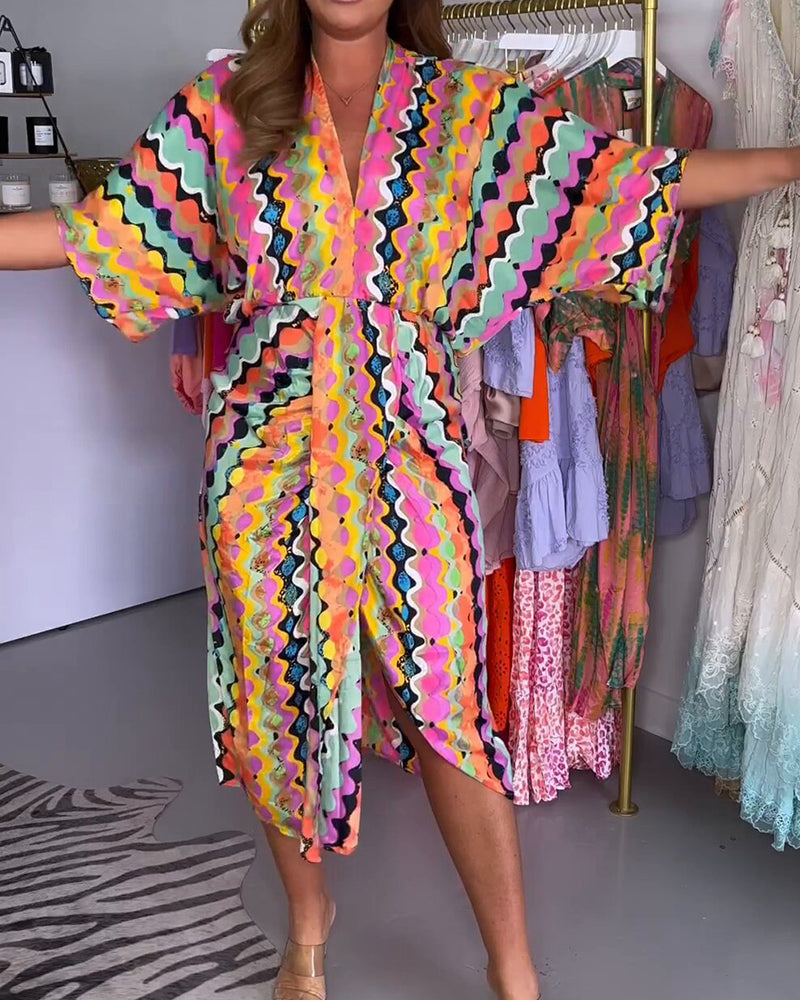 Elena – Multicolor Dames V-Hals Midi Jurk