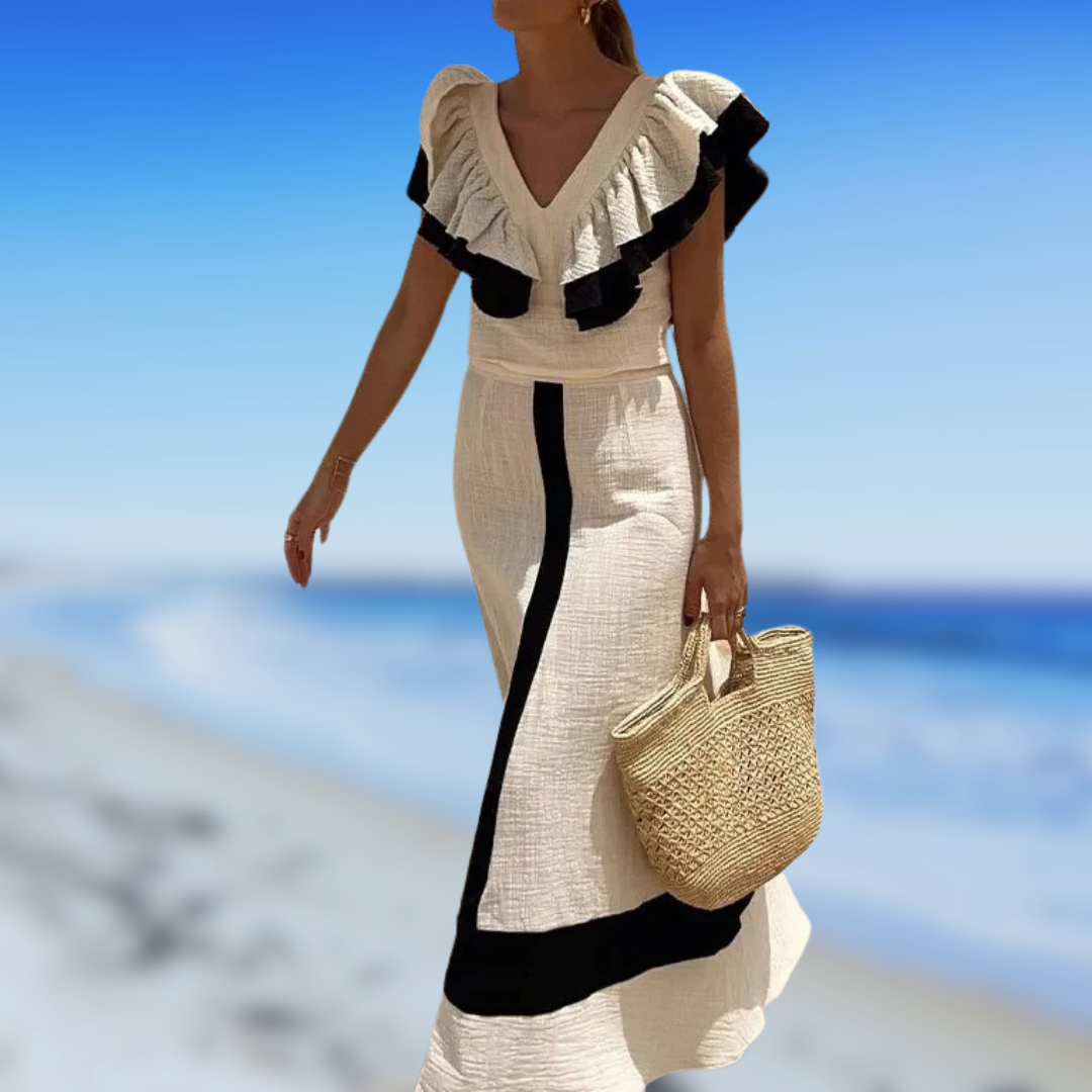 IsabellaNeri Elegante Hoge Taille Ruffle Midi Jurk Voor Vrouwen
