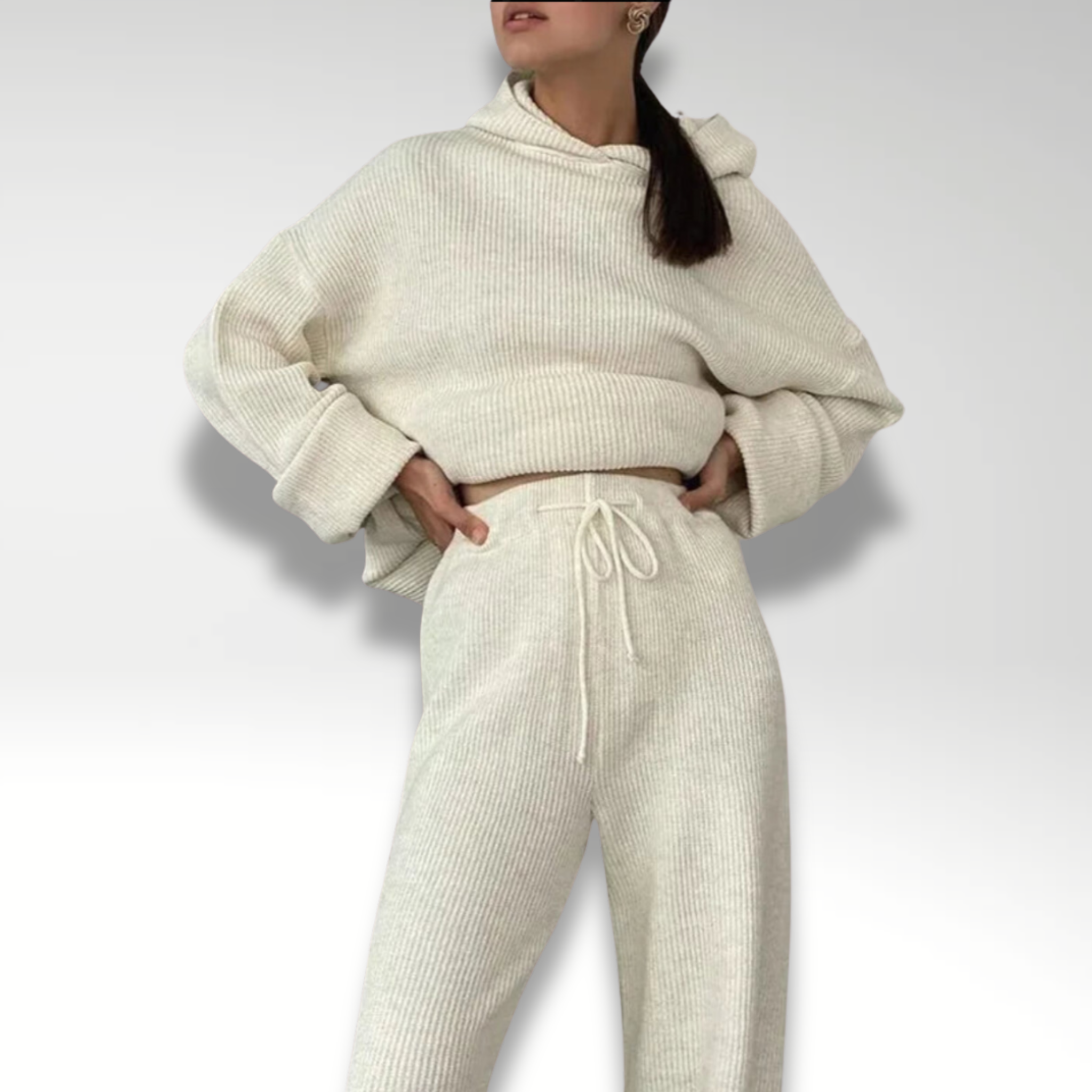 ElenaForte Geribde Gebreide Hoodie Set Voor Dames