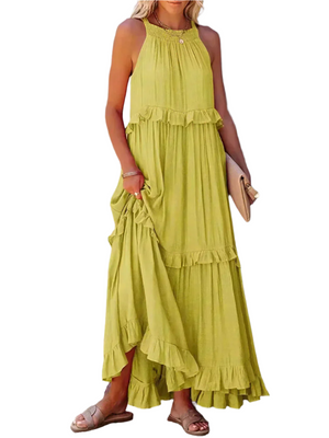 Lucia – Luchtige Halterjurk met Ruches en Zakken voor Dames