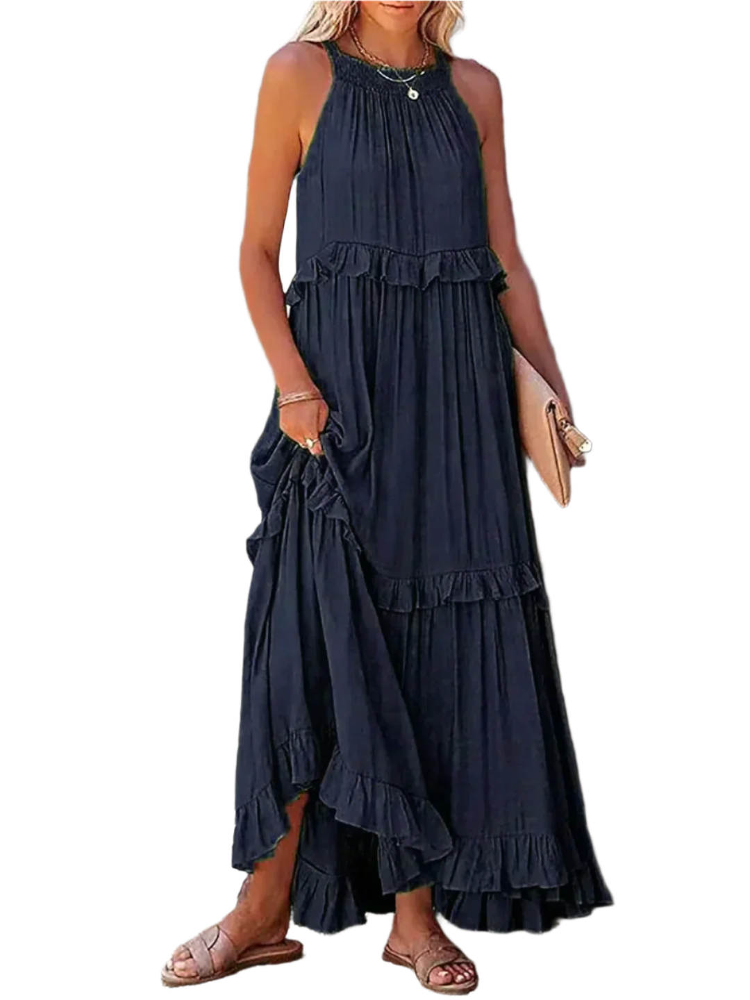 Lucia – Luchtige Halterjurk met Ruches en Zakken voor Dames