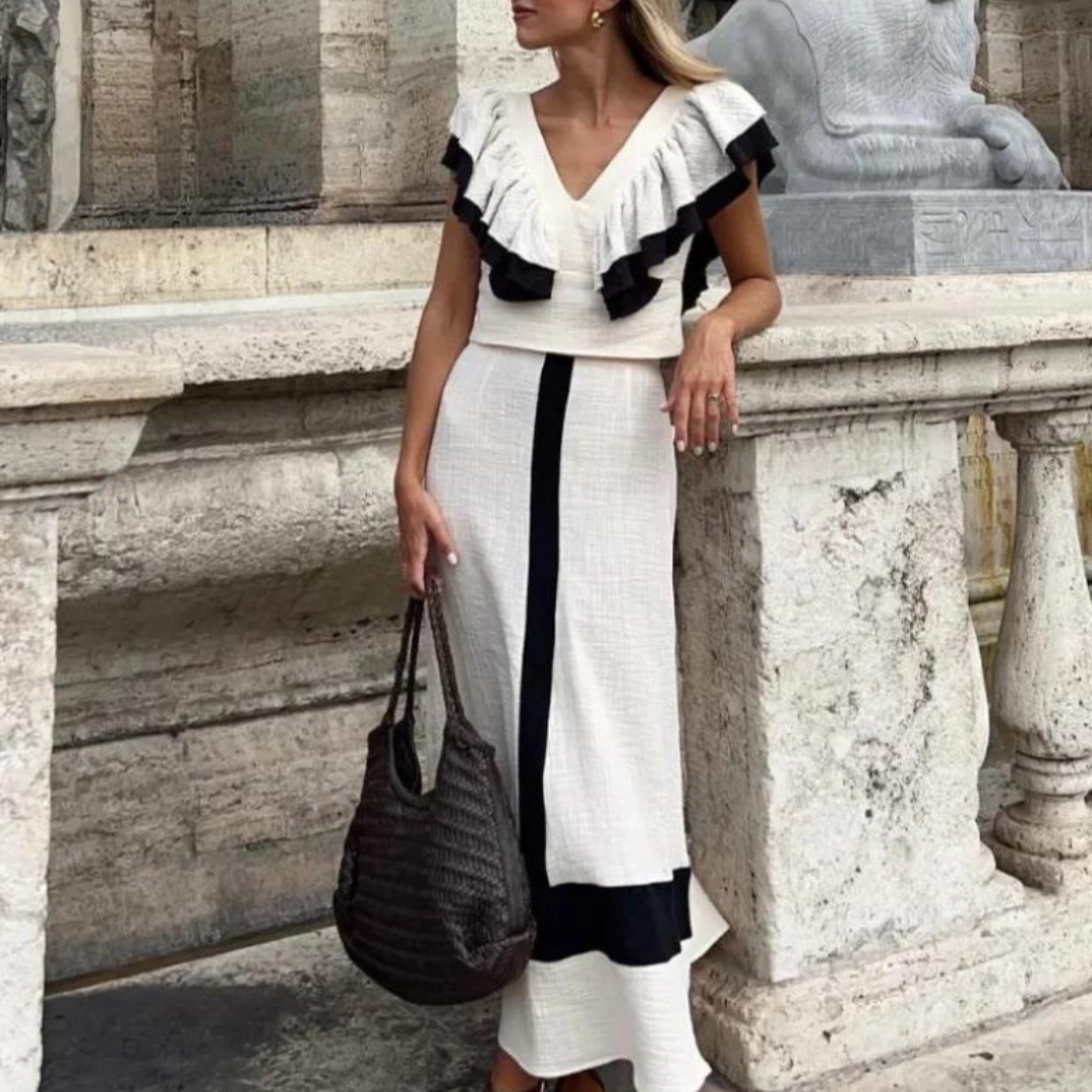 IsabellaNeri Elegante Hoge Taille Ruffle Midi Jurk Voor Vrouwen