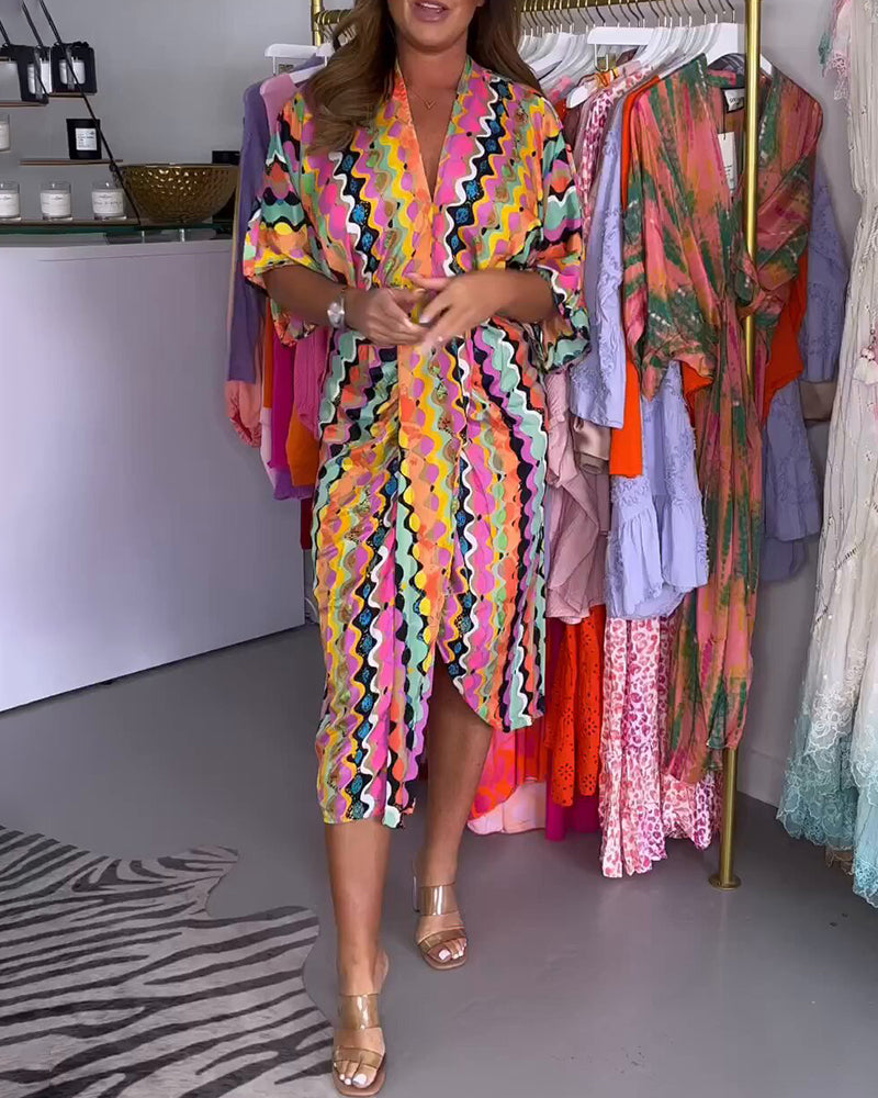 Elena – Multicolor Dames V-Hals Midi Jurk