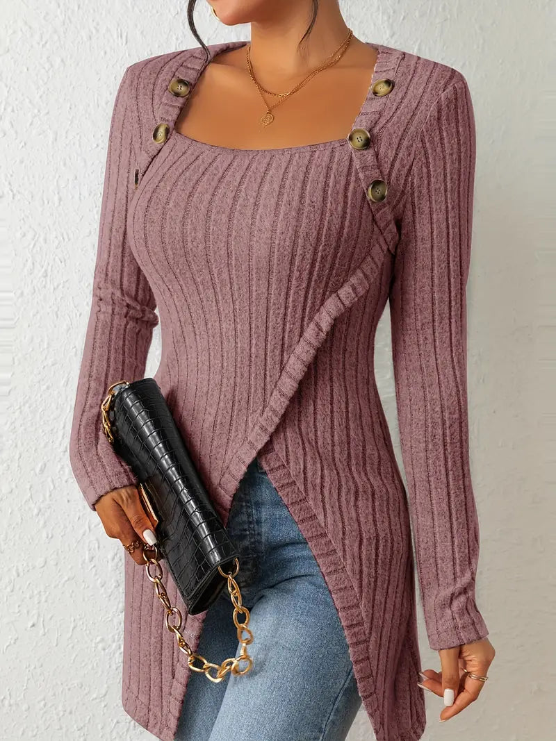 Sofia – Asymmetrische Geribbelde Dames Top met Knoopdetail