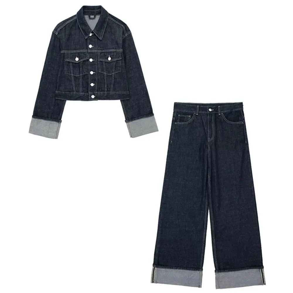 Sofia – Dames Denim Set met Cropped Jacket & Wide-Leg Jeans