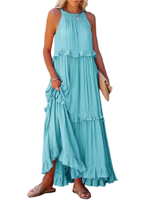 Lucia – Luchtige Halterjurk met Ruches en Zakken voor Dames