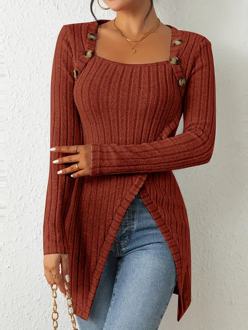 Sofia – Asymmetrische Geribbelde Dames Top met Knoopdetail