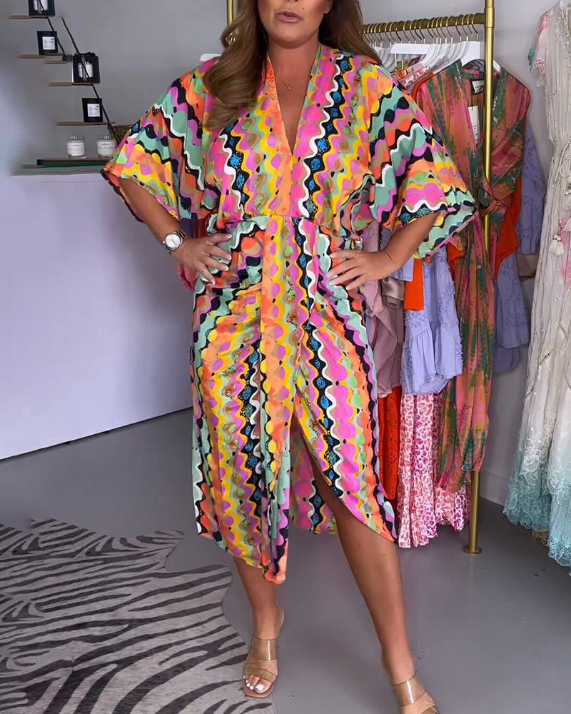 Elena – Multicolor Dames V-Hals Midi Jurk