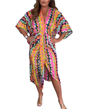 Elena – Multicolor Dames V-Hals Midi Jurk