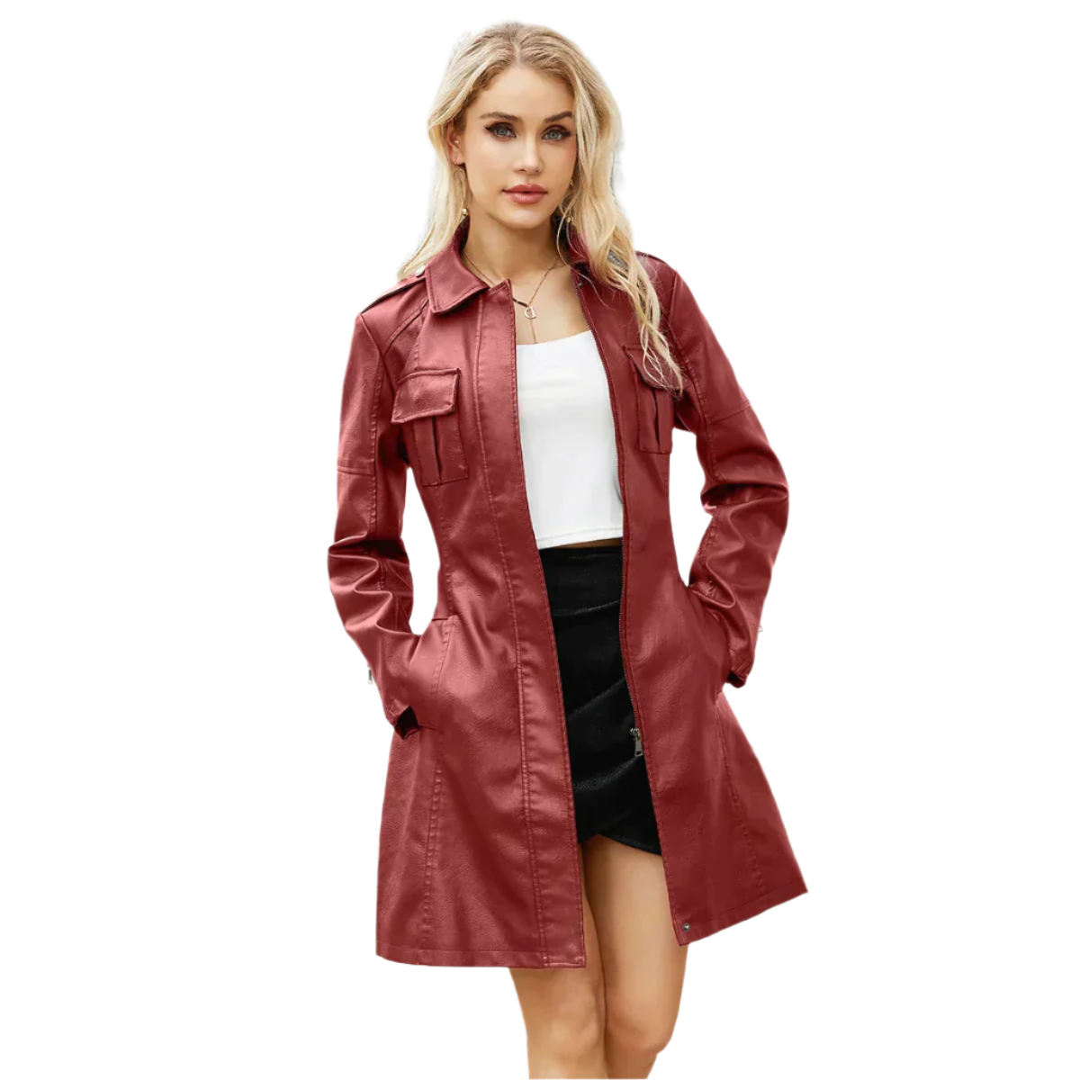 Isabella – Lange Damesjas van Imitatieleer met Ceintuur