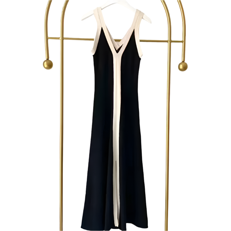 Isabella – Zwarte Gebreide Maxi Jurk met V-Hals voor Dames