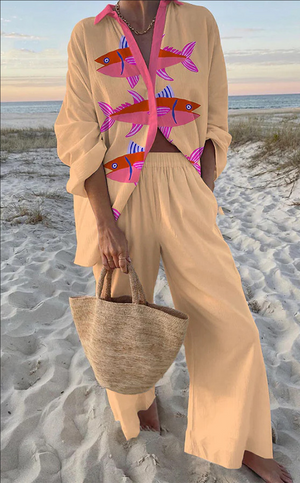 Zara – Lichtgewicht Dames Linnen Set met Roze Visprint