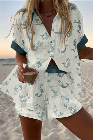 Marisol – Ademend Dames Linnen Co-Ord Set met Zeemeerminprint