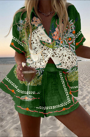 Fleur – Linnen Dames Tweedelig Zomerset met Paardenprint