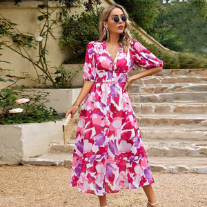 AlessiaFiori™ Elegante taille V-hals jurk met bloemenprint