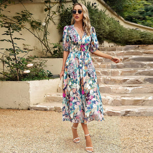 AlessiaFiori™ Elegante taille V-hals jurk met bloemenprint