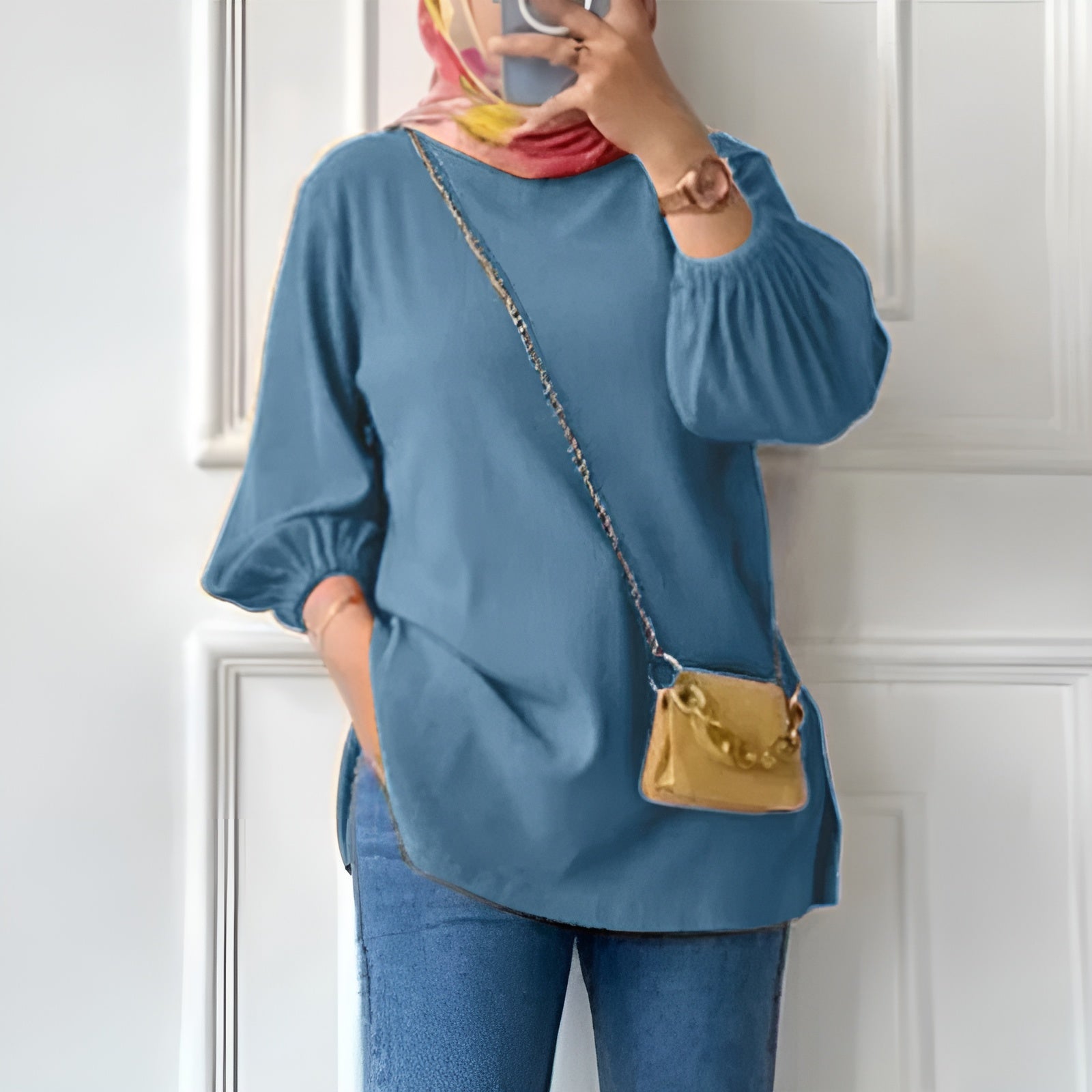 Amina – Dames Blouse met Pofmouwen en Ronde Hals