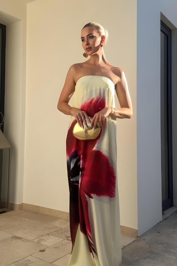 Isabella – Straploze Maxi Jurk met Gedurfde Bloemenprint