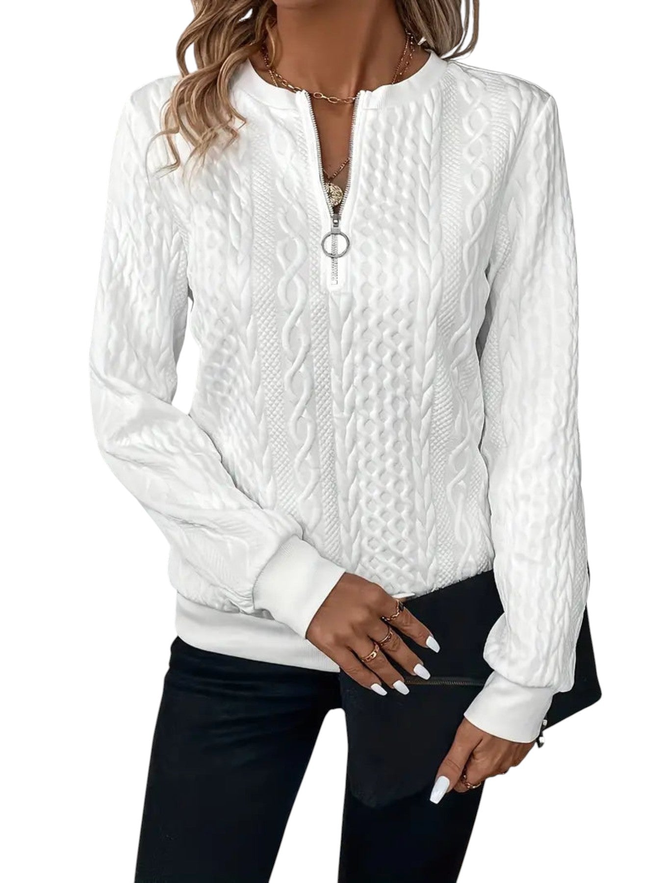 Carmina – Klassieke kabelgebreide trui met moderne ritssluiting