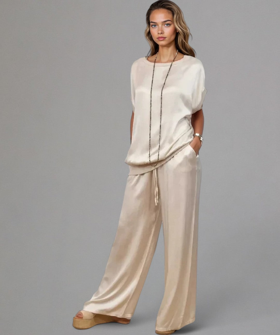 Isabella – Satijnzachte Dames Loungewear Set met Trekkoord Broek
