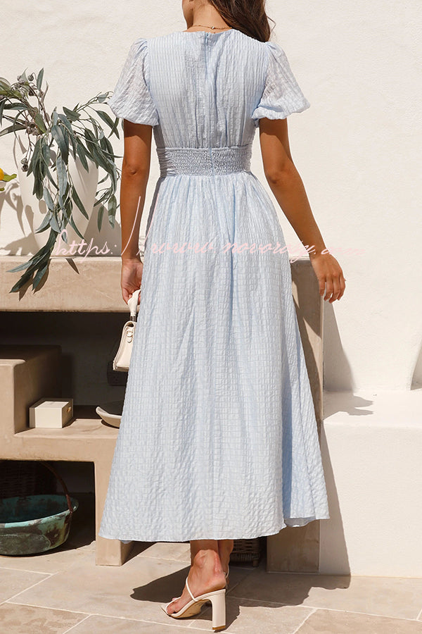 StellaFiori™ Rustieke V Hals Knoop Rits Geplooid Split Pofmouw Maxi Dress