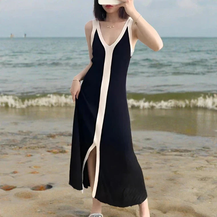 Isabella – Zwarte Gebreide Maxi Jurk met V-Hals voor Dames