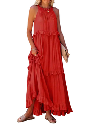 Lucia – Luchtige Halterjurk met Ruches en Zakken voor Dames