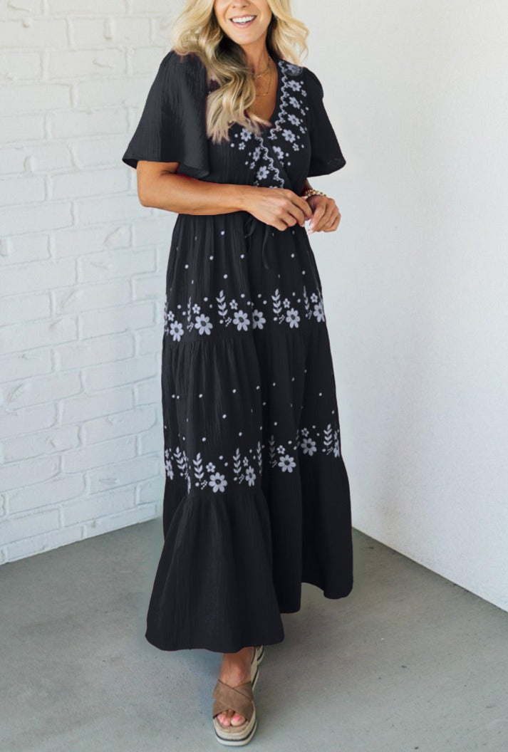 ClaudiaFontana Vrouwen V-Hals Boho Maxi Jurk