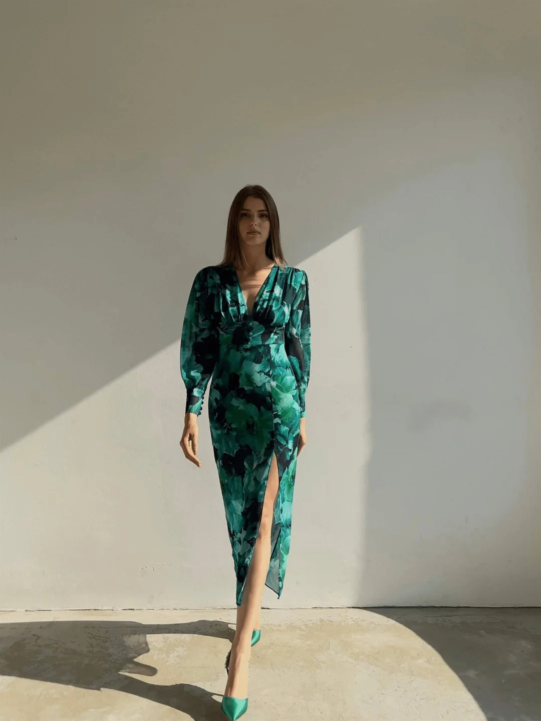 GiaZaffi™ Emerald Maxi Dress met lange mouwen
