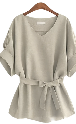 Batellina – Zomerse Chiffon Damesblouse met V-Hals en Strikceintuur