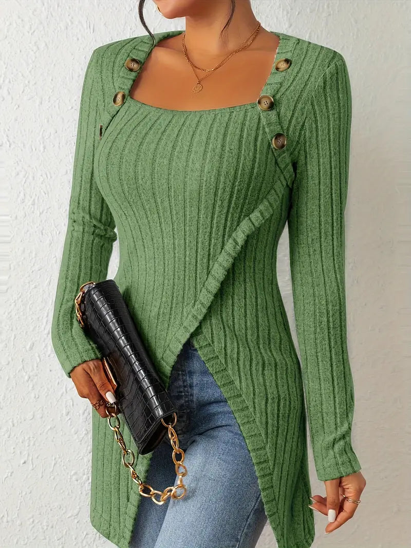 Sofia – Asymmetrische Geribbelde Dames Top met Knoopdetail