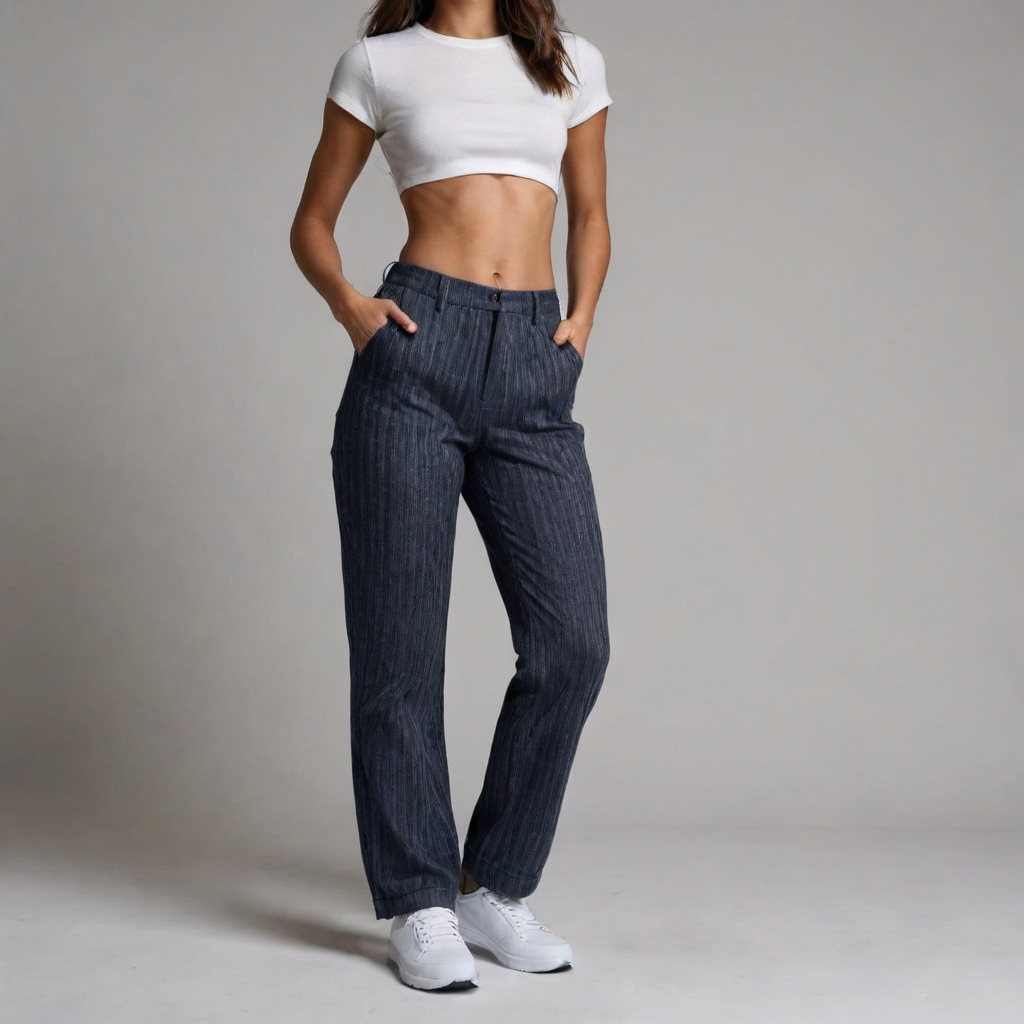 Isabella – Gestreepte Loungebroek voor Dames in Denimblauw