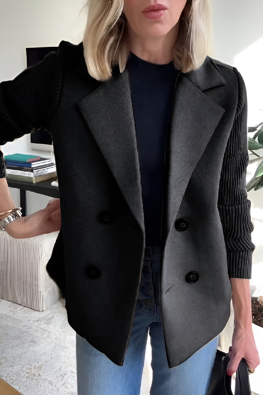 Camille – Dames Blazer van Vegan Wol met Gebreide Mouwen