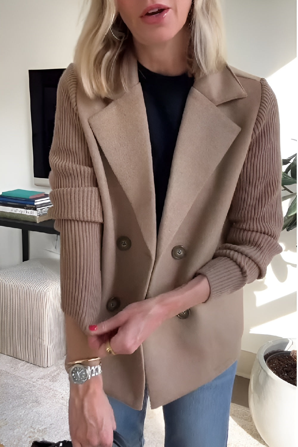 Camille – Dames Blazer van Vegan Wol met Gebreide Mouwen