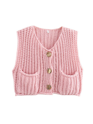 LiviaGreco Dames Zakloze Mouwloze Gebreide Cropped Cardigan