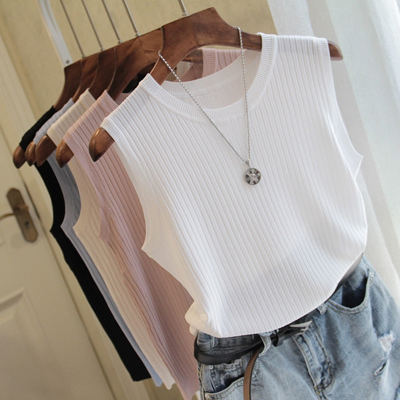 ElenaMoretti Mouwloze O-Hals Blouse Voor Vrouwen