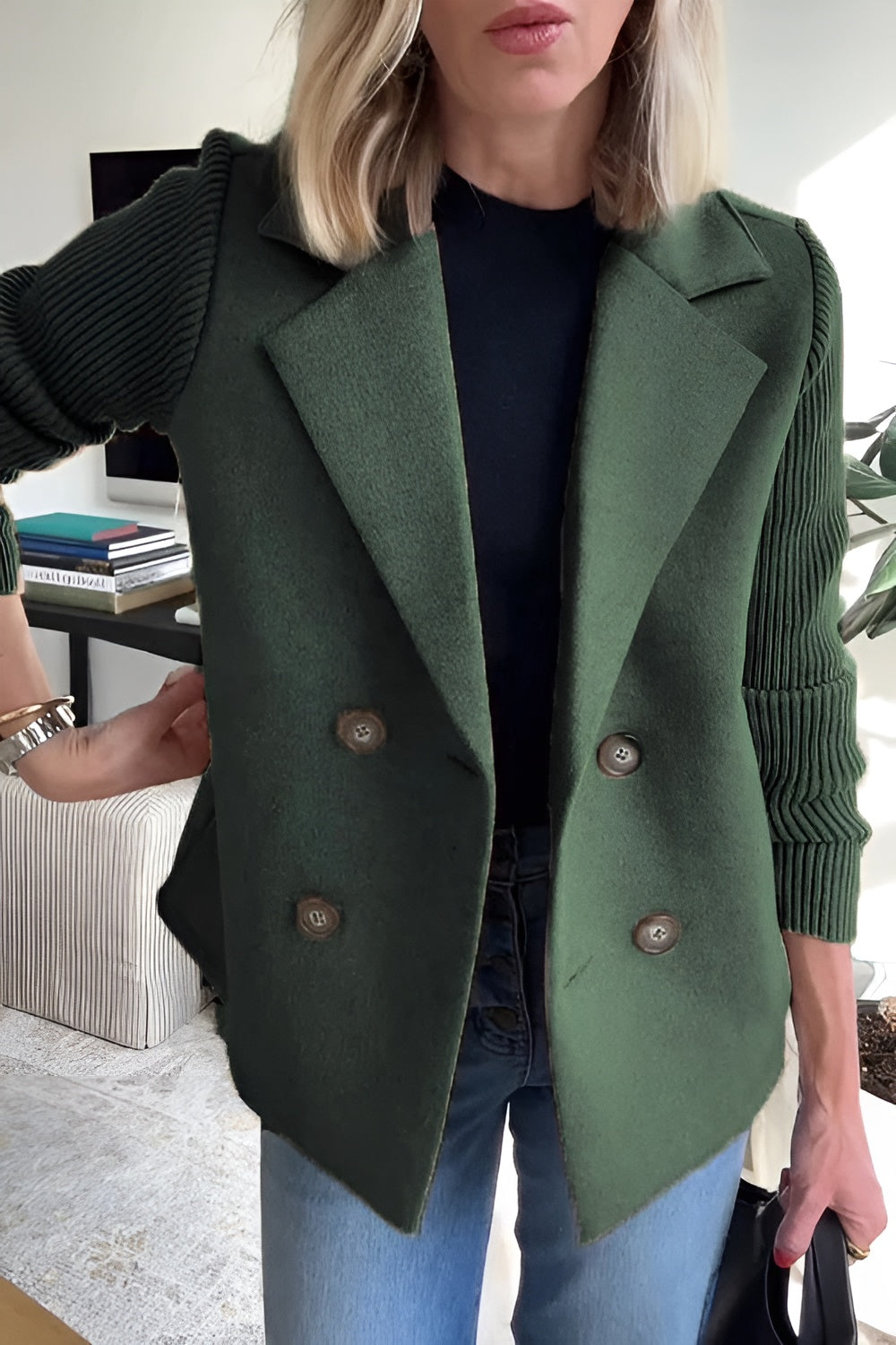 Camille – Dames Blazer van Vegan Wol met Gebreide Mouwen