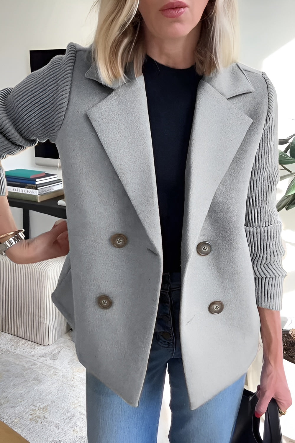 Camille – Dames Blazer van Vegan Wol met Gebreide Mouwen