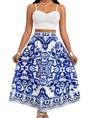 Honey – Elegant Dames Zomer Rok & Top Set in Blauw-Wit