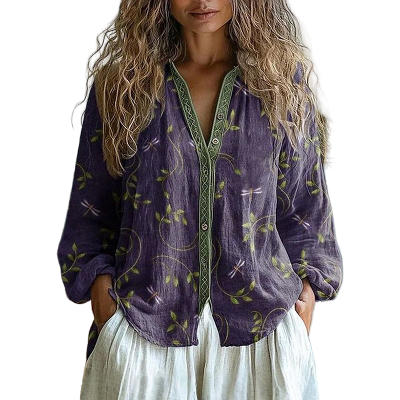 Katarina – Retro Blouse met Bladprint voor Dames