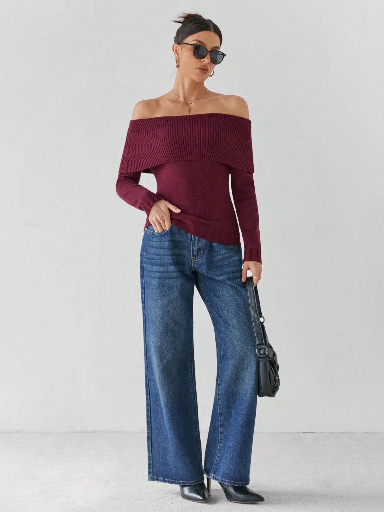 Giulia – Off-Shoulder Gebreide Damestrui in Bourgondisch Rood