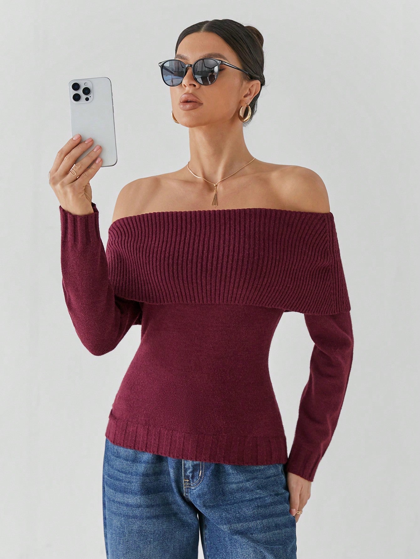 Giulia – Off-Shoulder Gebreide Damestrui in Bourgondisch Rood