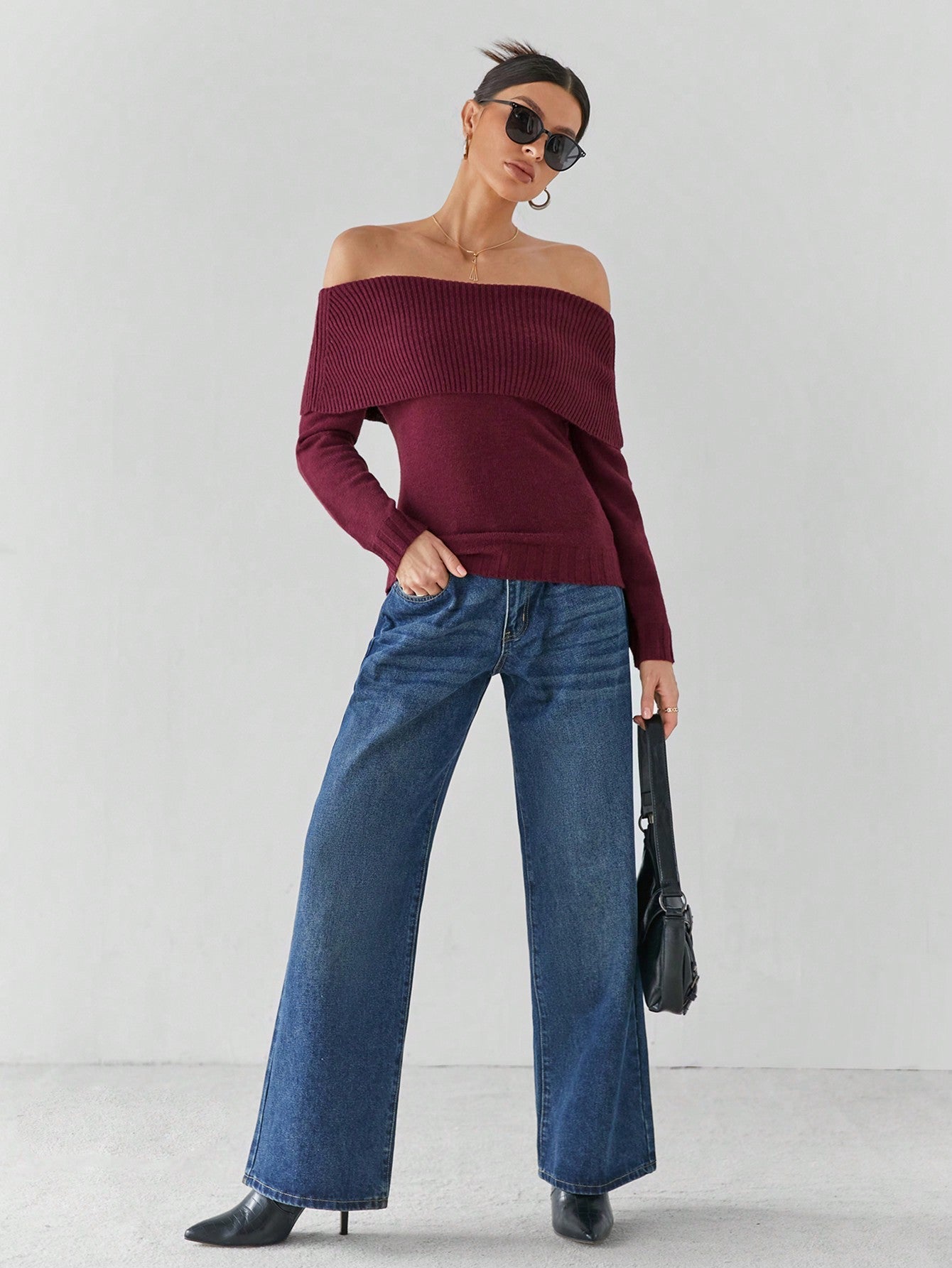 Giulia – Off-Shoulder Gebreide Damestrui in Bourgondisch Rood