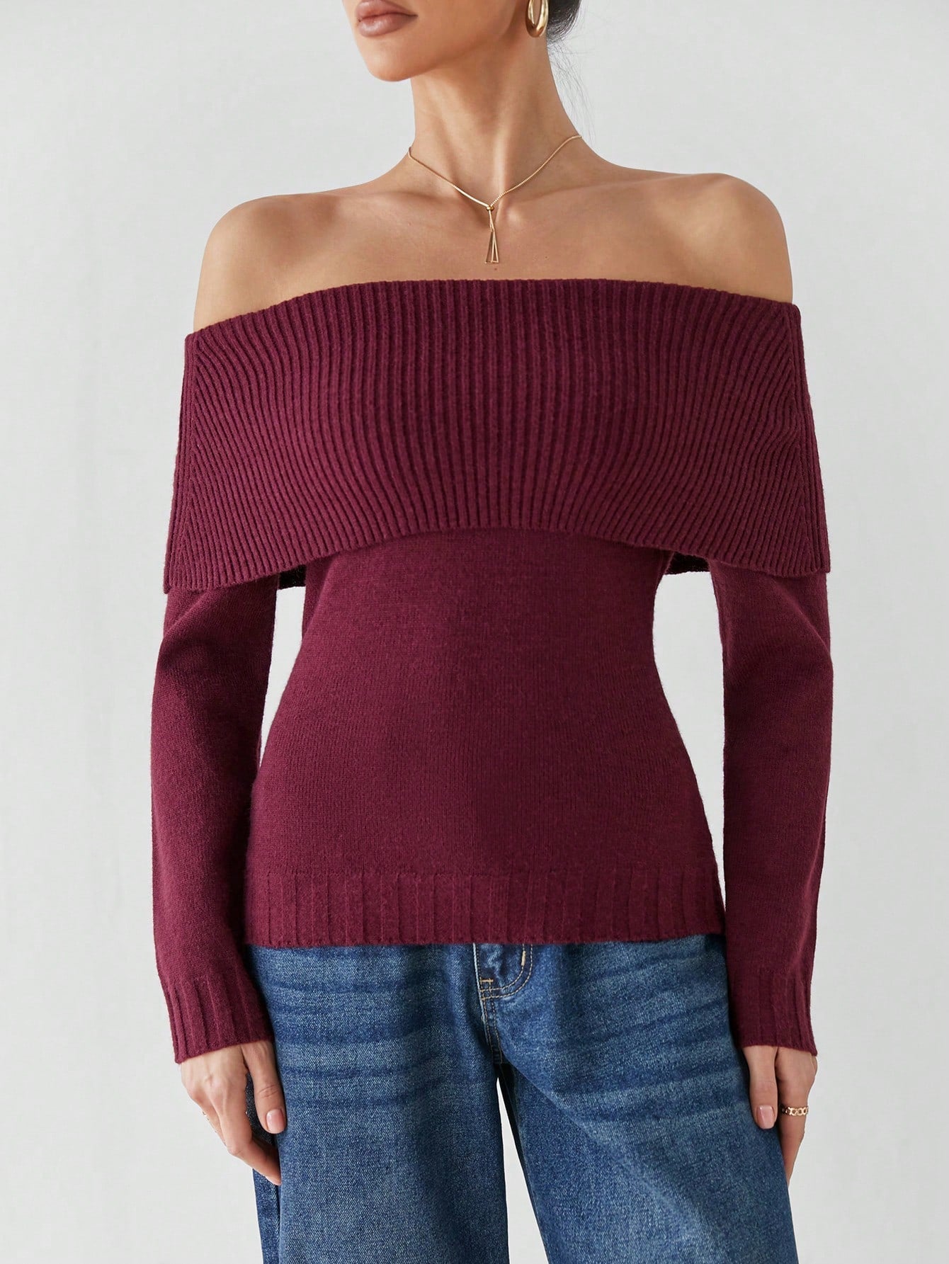 Giulia – Off-Shoulder Gebreide Damestrui in Bourgondisch Rood