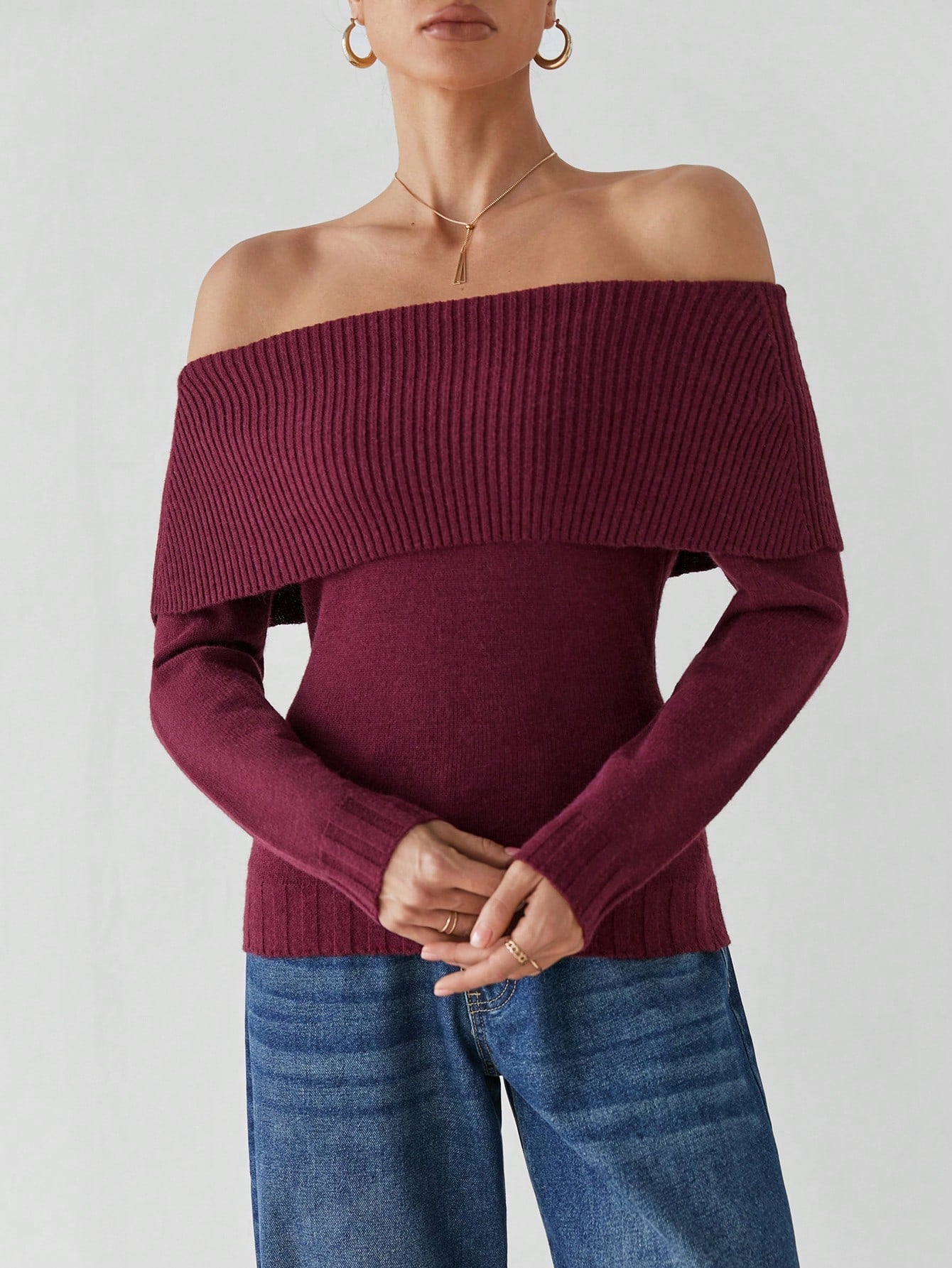 Giulia – Off-Shoulder Gebreide Damestrui in Bourgondisch Rood