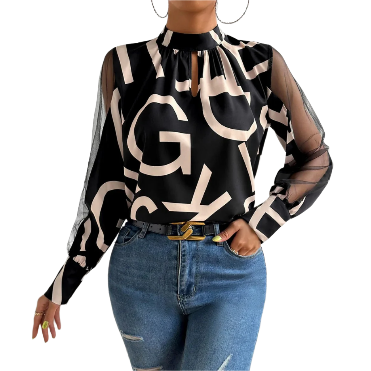 Alessia – Elegante Dames Blouse met Patchwork en Letterprint