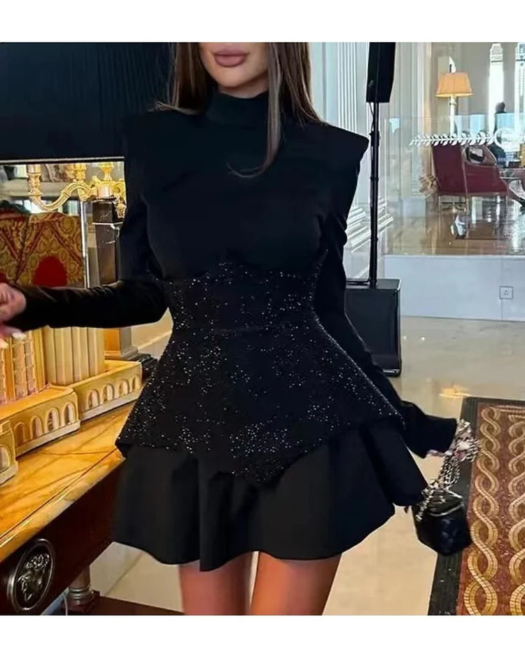 ValentinaRicamo™️ patchwork jurk met lange mouwen en hoge hals