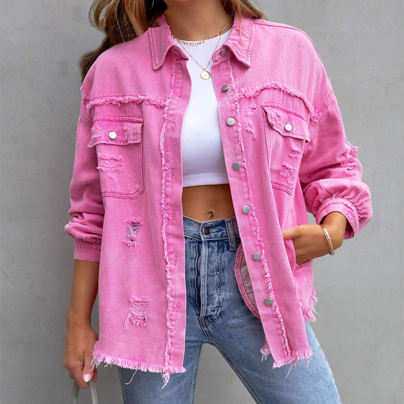 Camille – Vrouwelijk Denim Jack met Kleurrijke Distressed Look