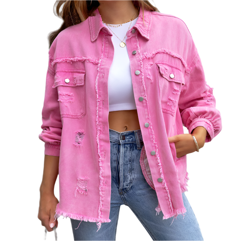 Camille – Vrouwelijk Denim Jack met Kleurrijke Distressed Look